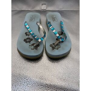 Easy Womens Light Blue Rhinestone Platform Flip Flops Hibiscus Flower Sandals 7